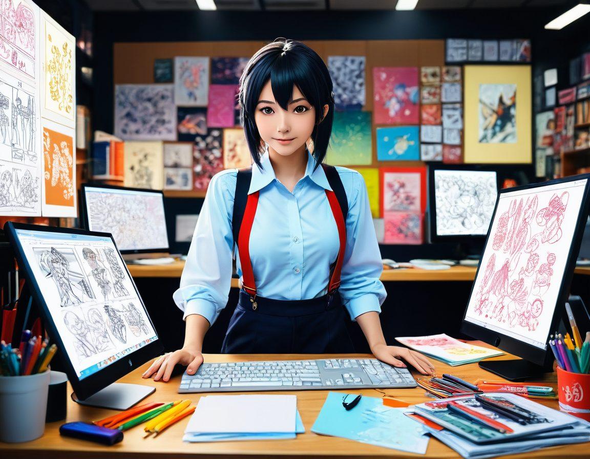 A dynamic illustration featuring a confident adult professional, immersed in a vibrant world of anime erotica. Surround the character with symbols of opportunity such as art supplies, computer screens displaying creative content, and dynamic manga sketches. Infuse a sense of empowerment and creativity in the atmosphere, with colorful anime-style characters interacting playfully in the background. Highlight a magical blend of fantasy and ambition. vibrant colors. anime style. 3D.