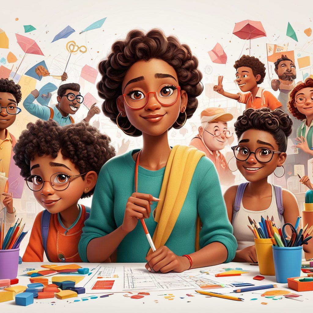 A whimsical and dynamic illustration depicting a diverse group of animated characters engaging in creative pursuits related to adult animation, such as storyboarding and character design. Include elements representing career growth, like upward-trending graphs and inspirational quotes, subtly integrated into the background. The scene should evoke a sense of opportunity and creativity, with vibrant colors and a playful atmosphere. Each character should reflect a variety of styles and cultures, showcasing inclusivity. cartoon style. vibrant colors. white background.