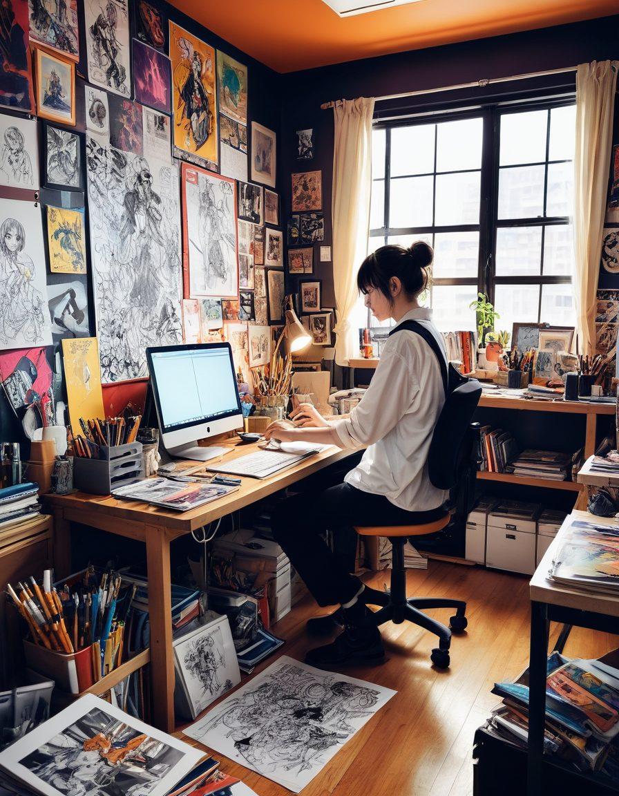 A dynamic illustration showcasing a vibrant artist's studio filled with sketches of adult comics and explicit anime. Include an artist passionately working at a drawing tablet, surrounded by vibrant posters, unique manga-style characters, and colorful paints. The atmosphere should feel inspiring, with hints of creativity and professional growth in the background. Emphasize an artistic environment with a unique blend of anime and comic art styles. super-realistic. vibrant colors. digital art.